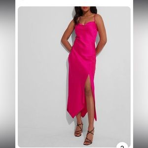 Express - Neon Berry Satin Cowl Neck Asymmetrical Hem Maxi Slip Dress